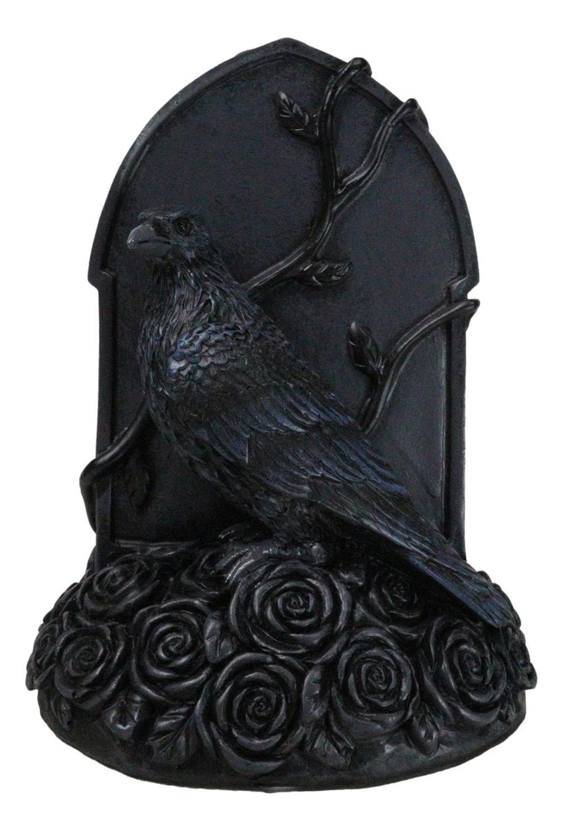 Raven Figurine, 8" Crow Perching on Black Roses Tombstone Gothic Figurine Bookends for Shelf, Desk, Home, or Gothic Room Decor Collectible-11