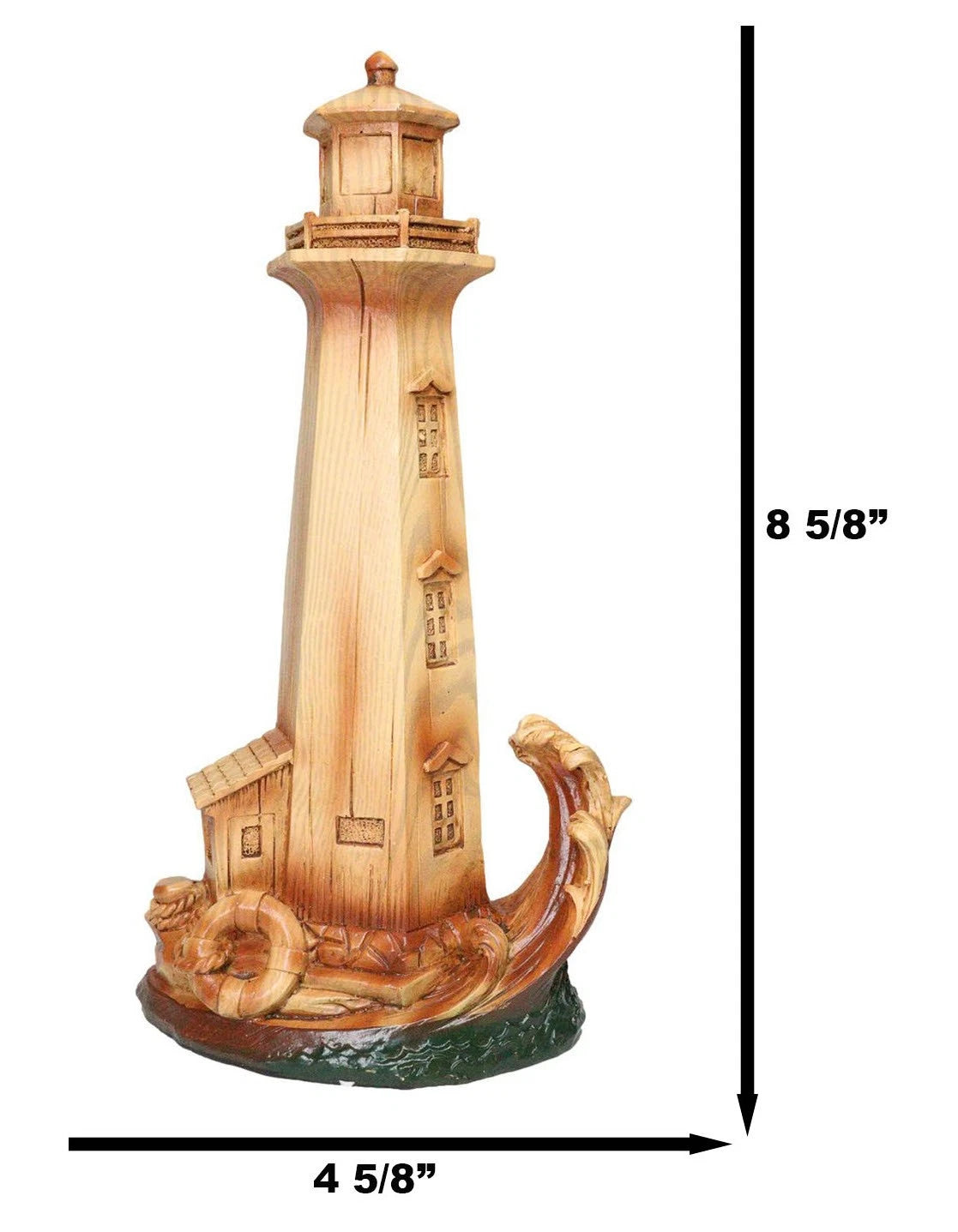 9"H Nautical Lighthouse With Life Ring Buoy And Crashing Ocean Wave Statue-10