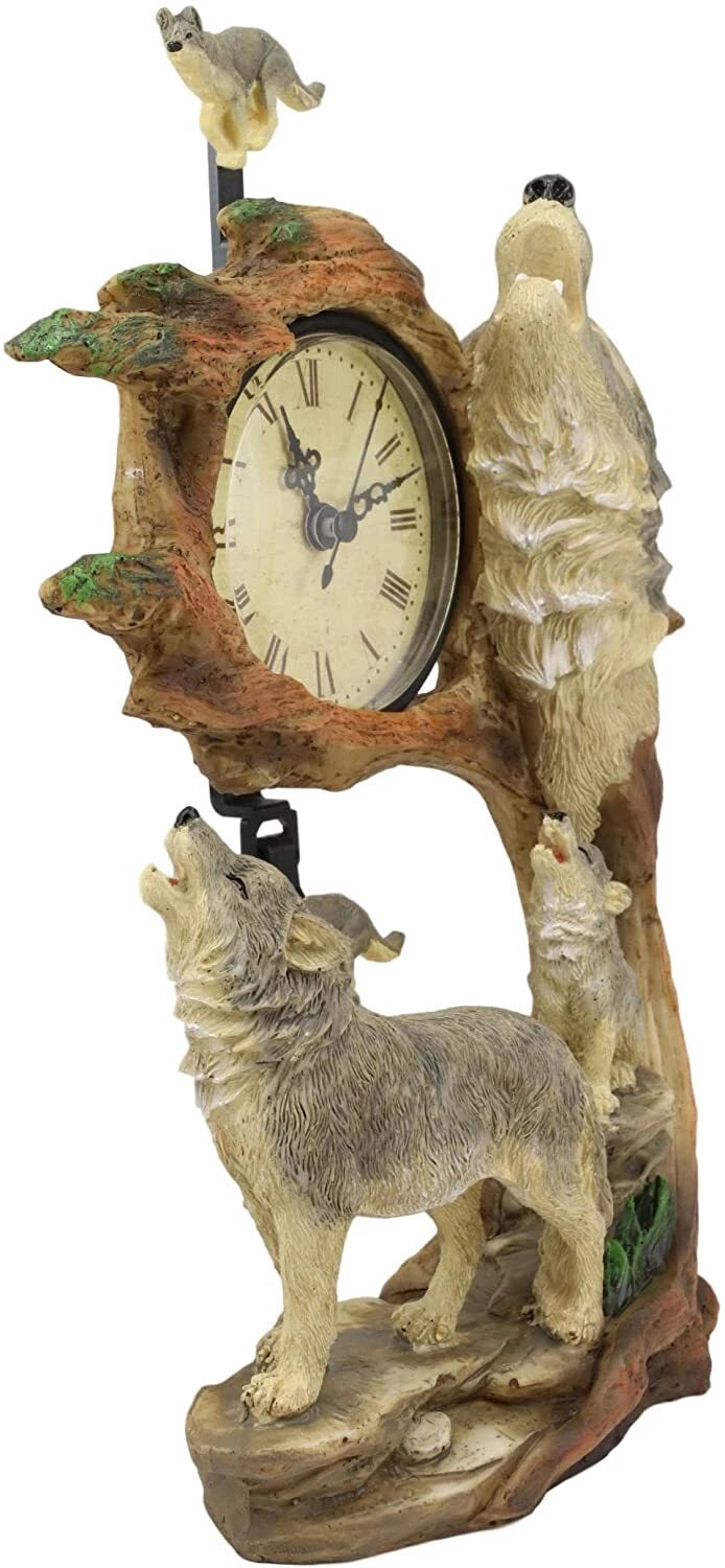 Howling Gray Wolves Family Table Clock with Pendulum 10.5" Height Decor-9