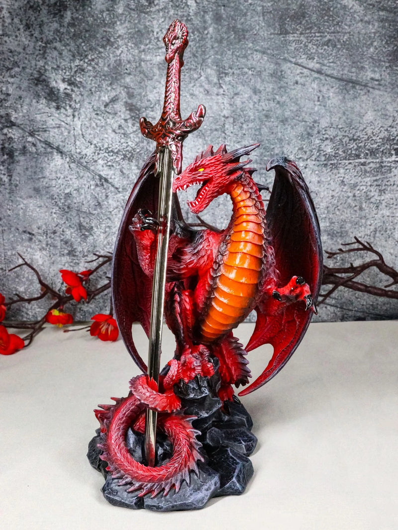 Figura de dragón de hoja viuda de roca volcánica de lava roja con espada abrecartas-1