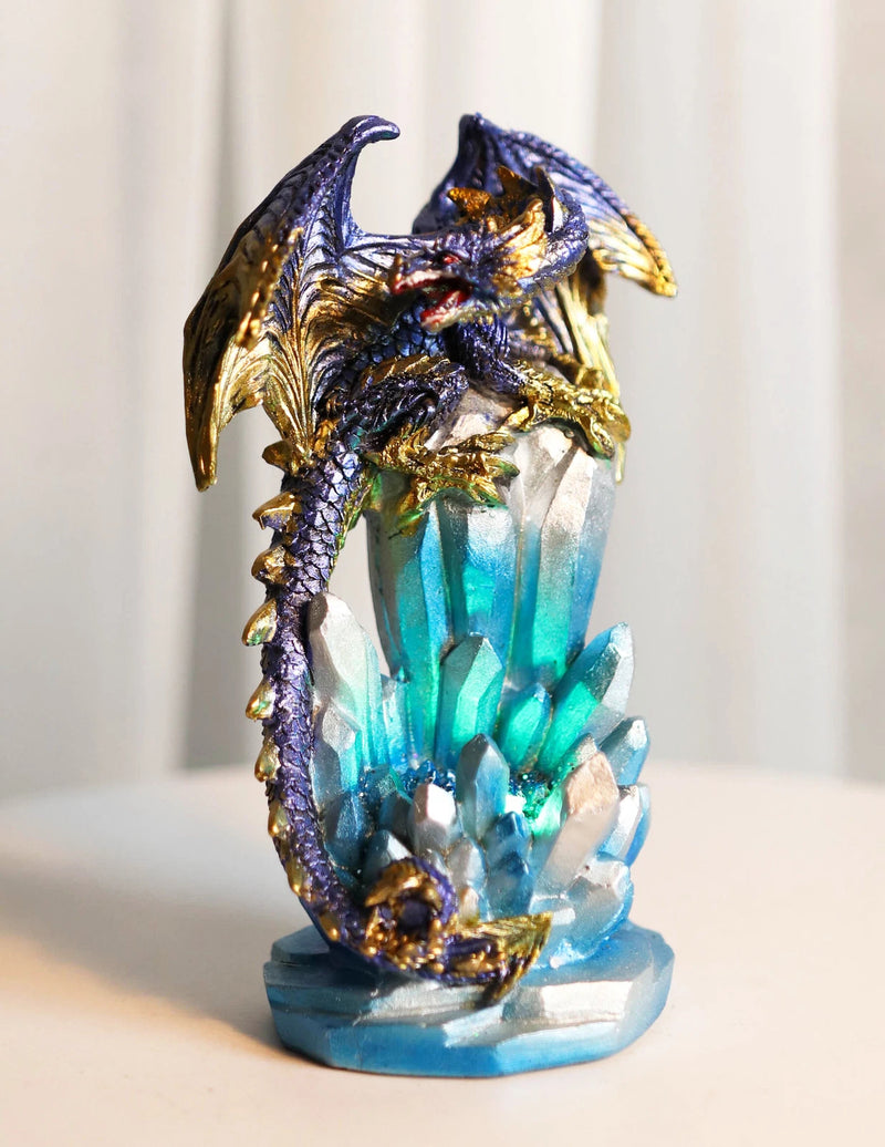 Purple And Gold Cosmic Dragon On Blue Crystal Stalactite Rock LED Light Statue-9