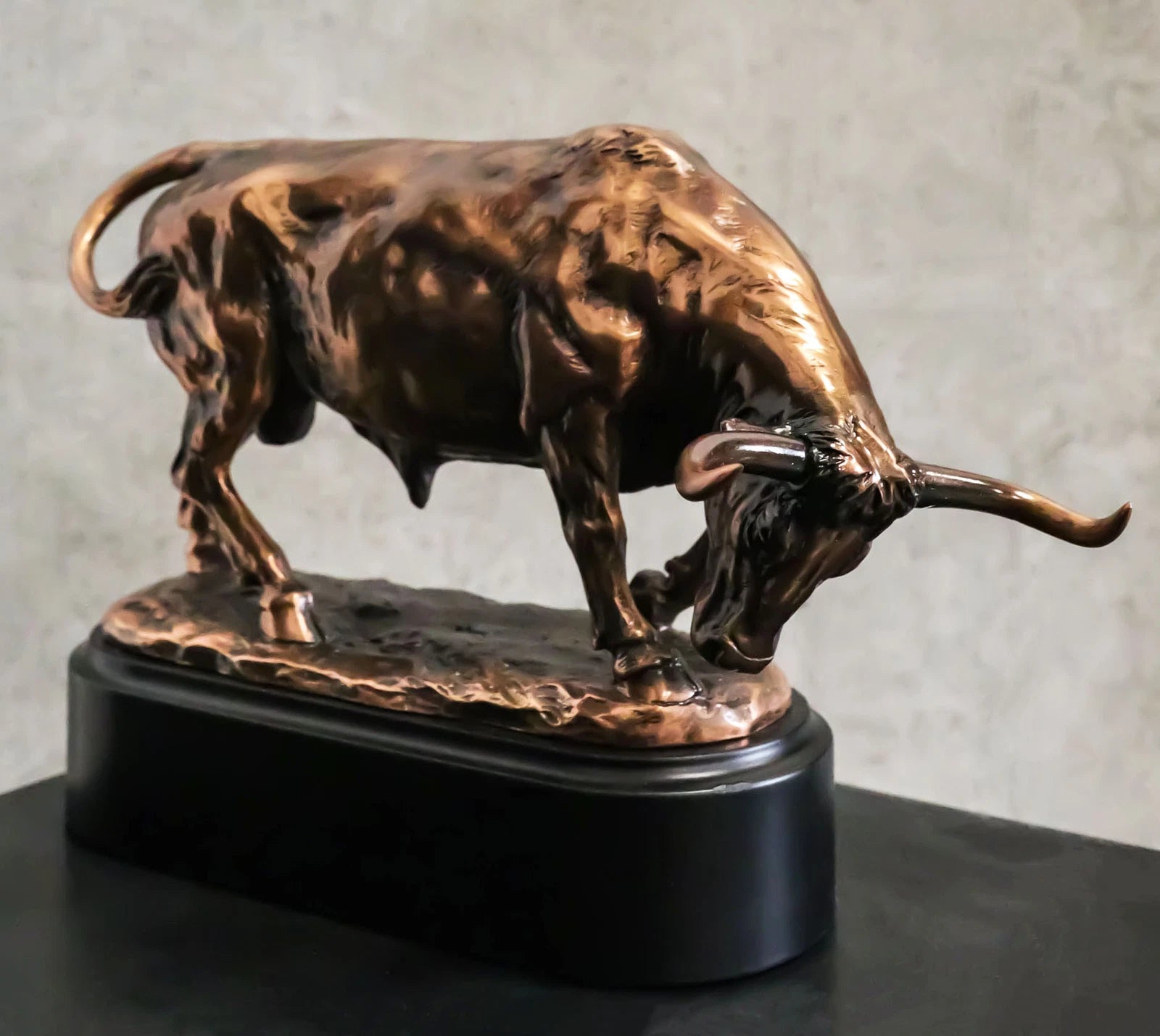 Wall Street Charging Bull Bronze Electroplated Resin Statue With Pedestal Base-1