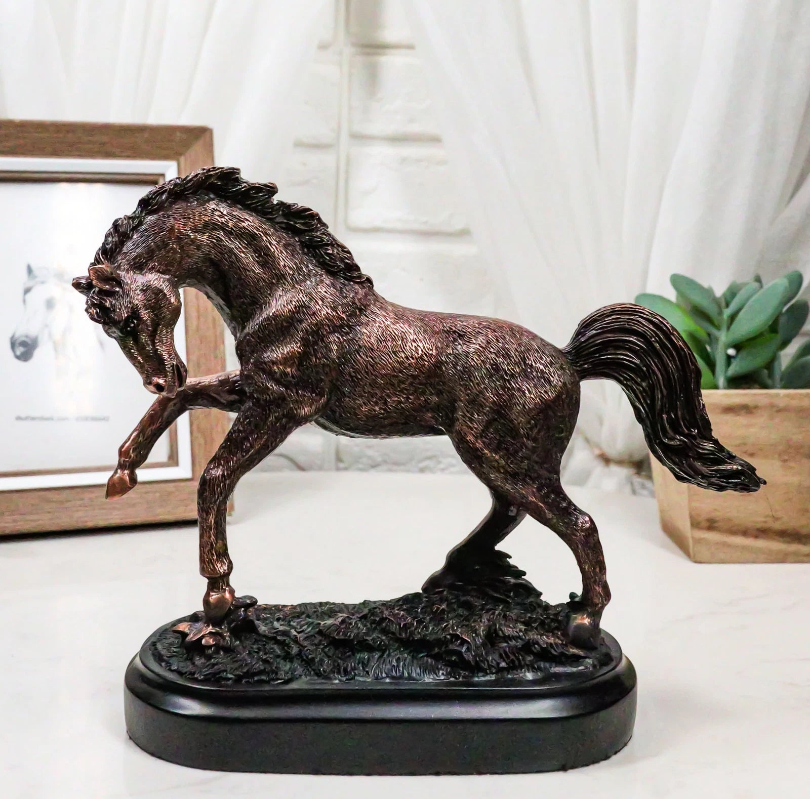 Rustic Western Country Stallion Horse Textured Bronze Resin Figurine With Base-9
