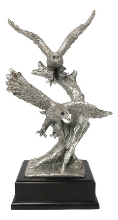 Large King Of The Skies Electroplated Silver Bald Eagles Taking Flight Statue-10