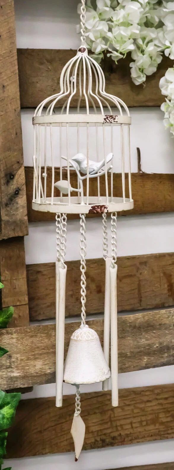 Whimsical Rustic White Bird Perching On Twig In Cage Aluminum Metal Wind Chime-9