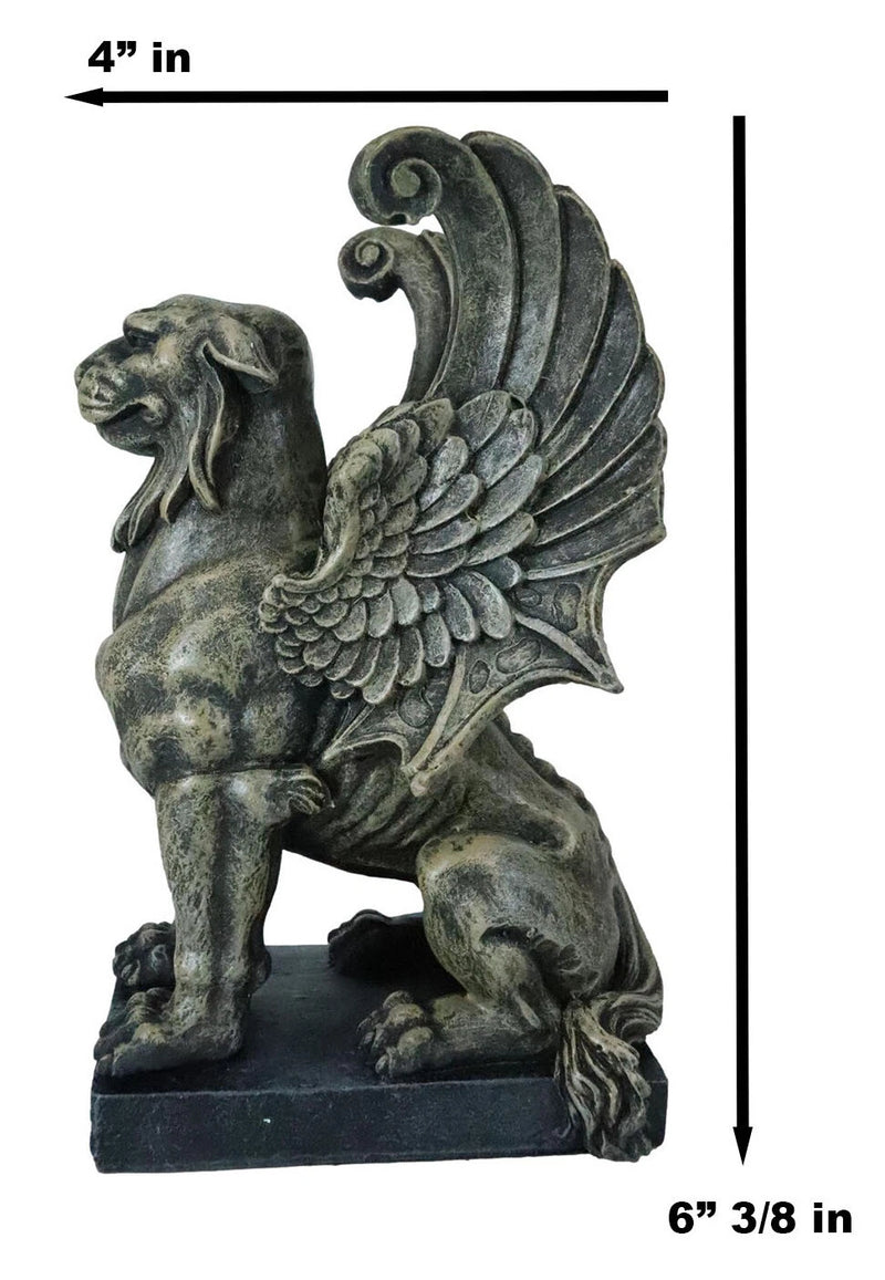 Lion Gargoyle with Griffin Wings Crouching On Pedestal Statue 6.5" Tall-10