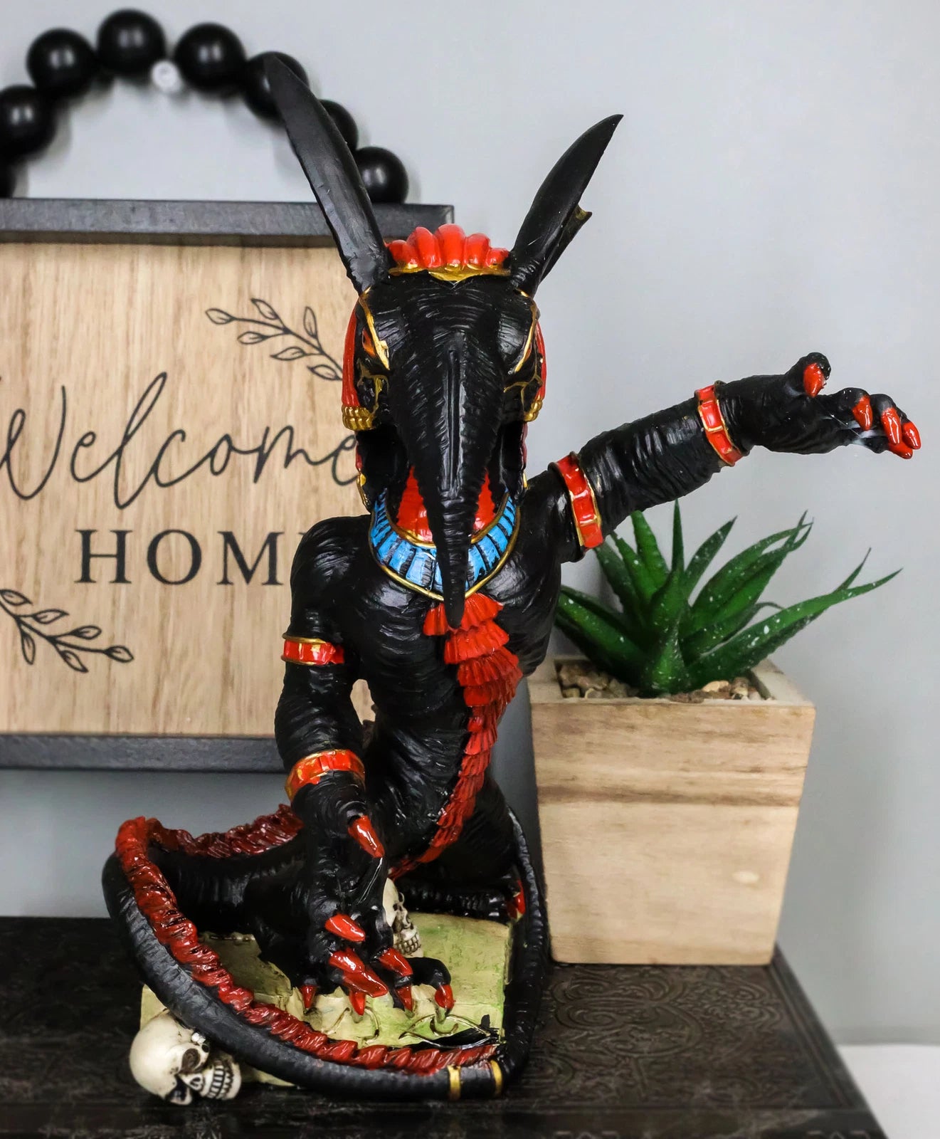 Egyptian God Of War Chaos Desert Seth On Hieroglyphic Base With Skulls Statue-7