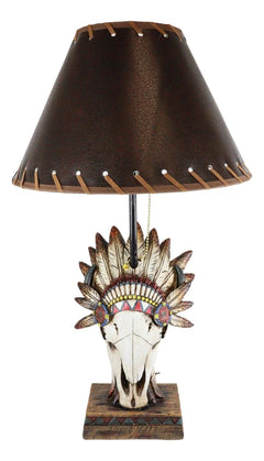 Western Cow Skull with Tribal Indian Chief Feathers Roach Headdress Table Lamp-7