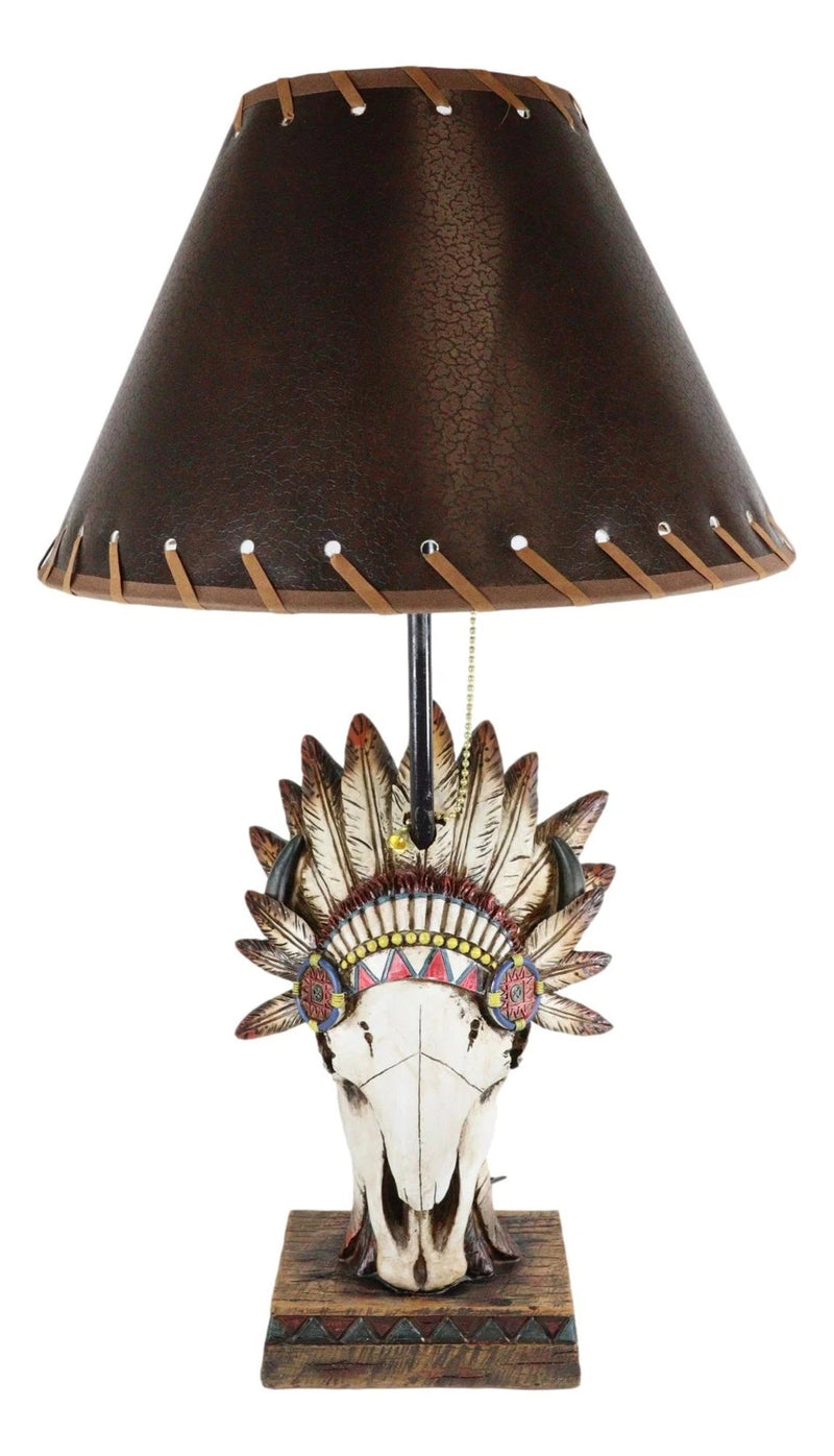 Western Cow Skull with Tribal Indian Chief Feathers Roach Headdress Table Lamp-7