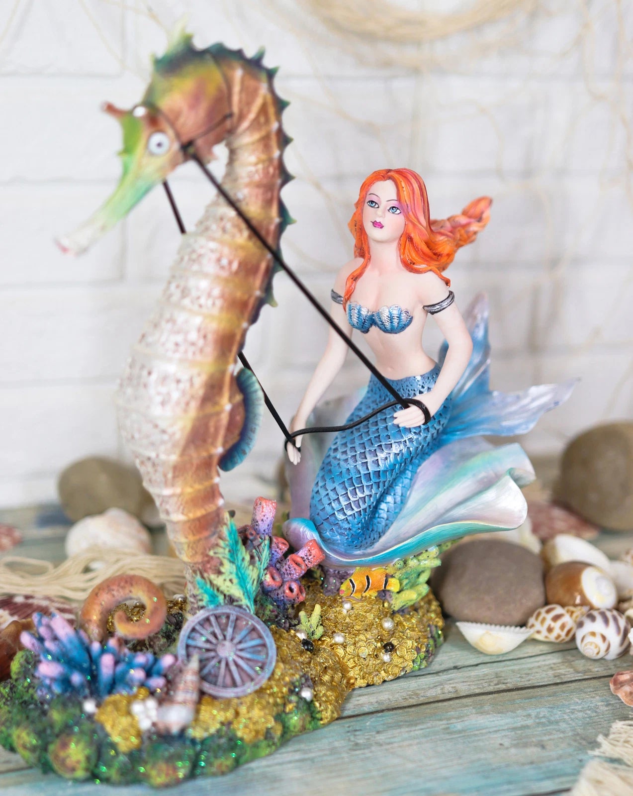 Nouveau Nautical Ocean Mermaid On Clam Riding Seahorse Chariot Statue 10"H-8