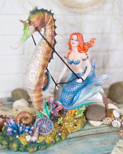 Nouveau Nautical Ocean Mermaid On Clam Riding Seahorse Chariot Statue 10"H-8