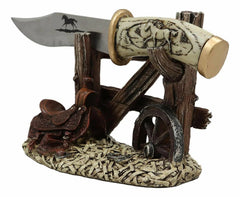 Western Horse Saddle By Wagon Wheel With Blunt Knife Display Holder Statue Set-6