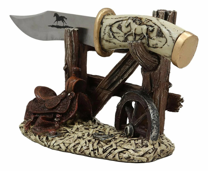 Western Horse Saddle By Wagon Wheel With Blunt Knife Display Holder Statue Set-6