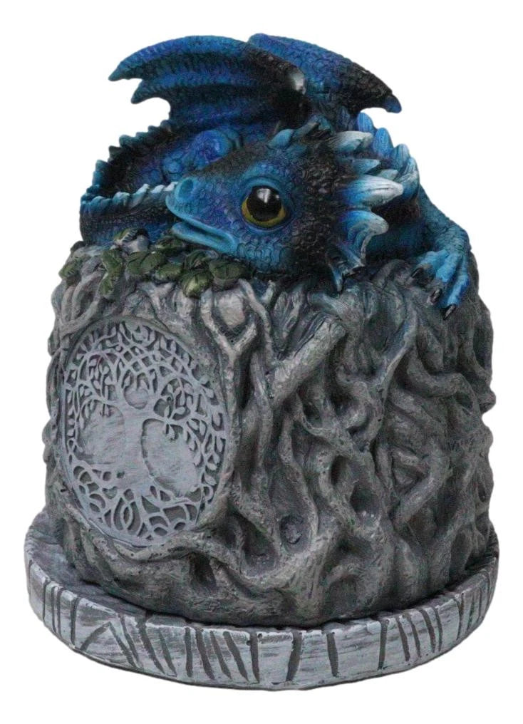 Blue Wyrmling Dragon Sleeping On Tree Of Life Stump Cone Incense Burner Figurine-10