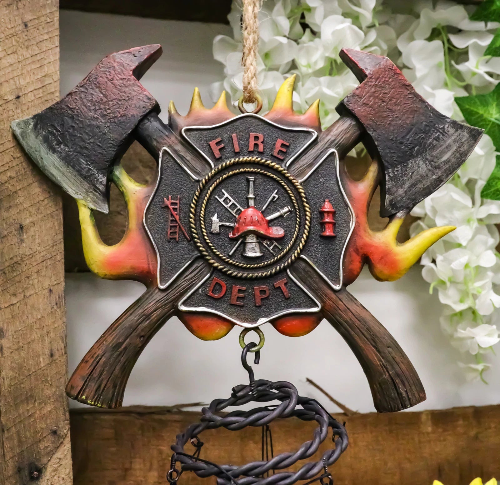 Maltese Cross Crest With Crossed Fire Fighter Axe Fireman Wind Chime Decor-9