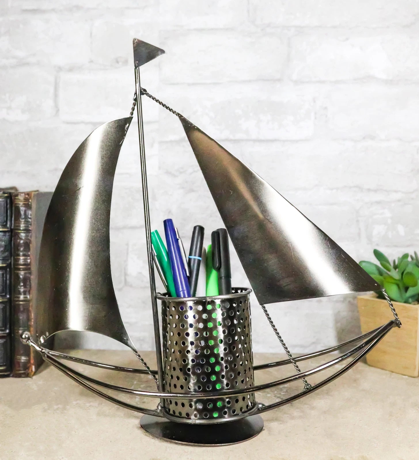 Nautical Ocean Sailboat Hand Made Steel Metal Office Stationery Organizer Holder
