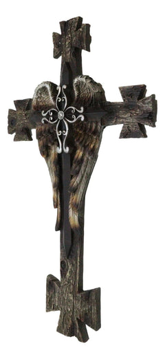 Black Biker Iron Cross With Angel Wings Layered Faux Wooden Wall Cross Plaque-9