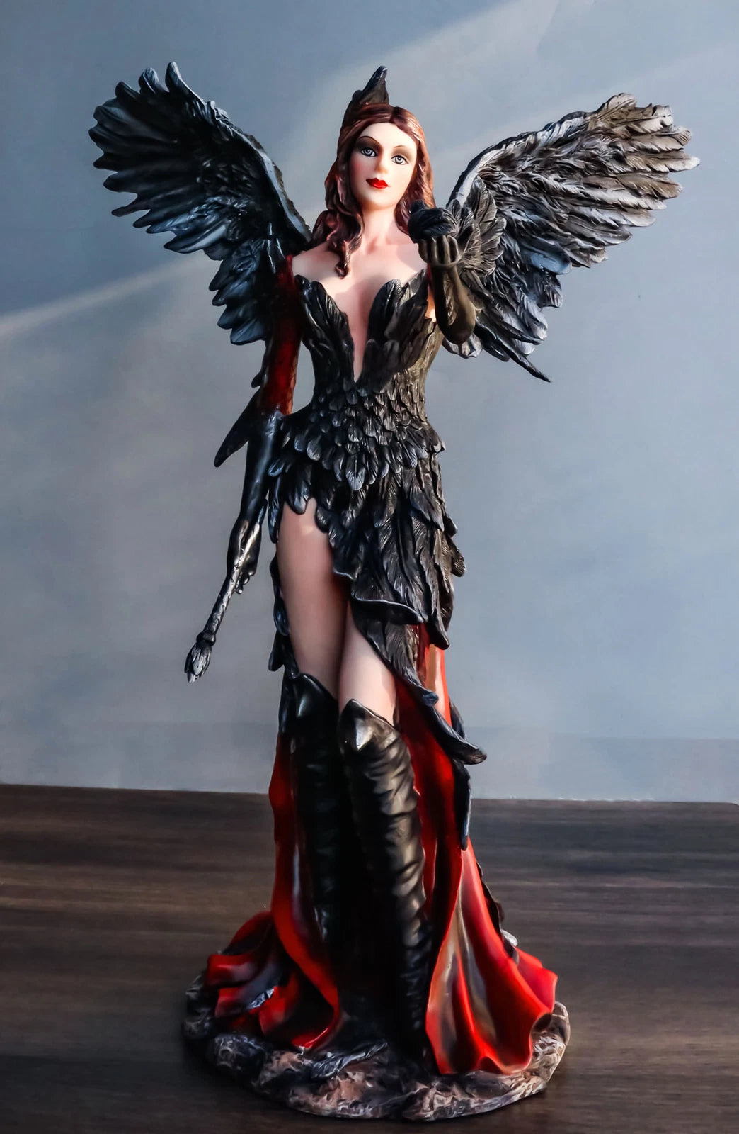 Gothic Raven Crow Trainer Angel Fairy In Black And Crimson Feather Gown Statue-11