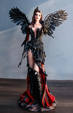 Gothic Raven Crow Trainer Angel Fairy In Black And Crimson Feather Gown Statue-11