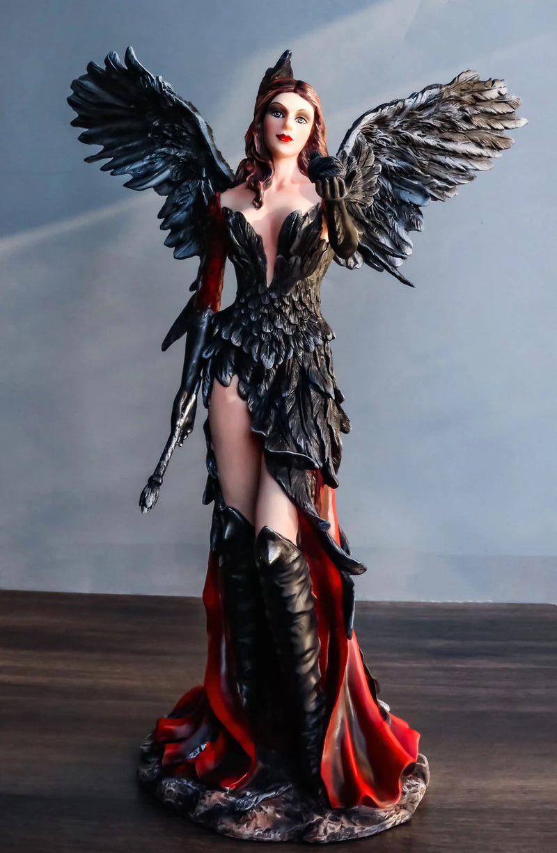 Gothic Raven Crow Trainer Angel Fairy In Black And Crimson Feather Gown Statue-11