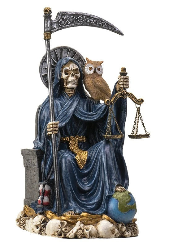 Seated Blue Santa Muerte With Scythe Scales of Justice And Wise Owl Figurine 9"H-9