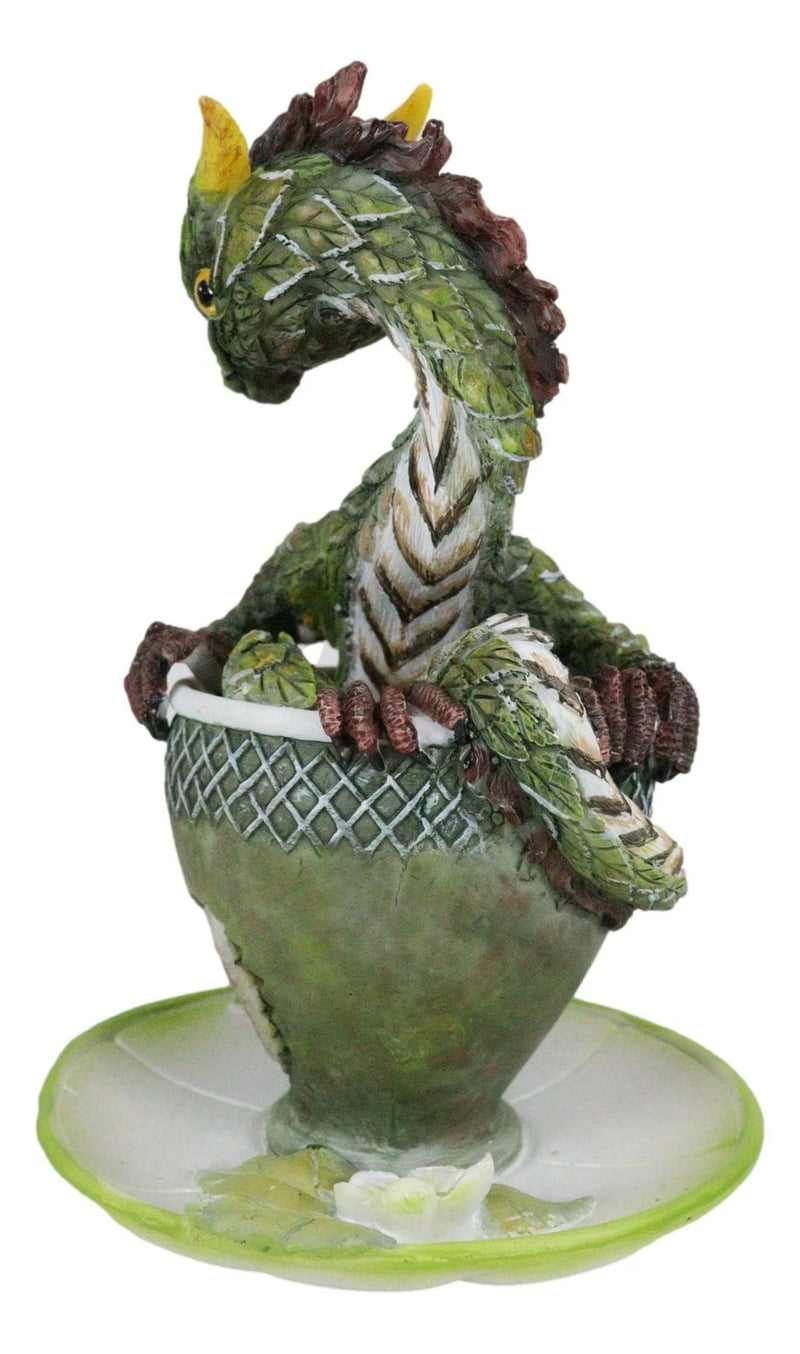 Fantasy English Green Tea Leaves And Flowers Dragon In Teacup & Saucer Figurine-3