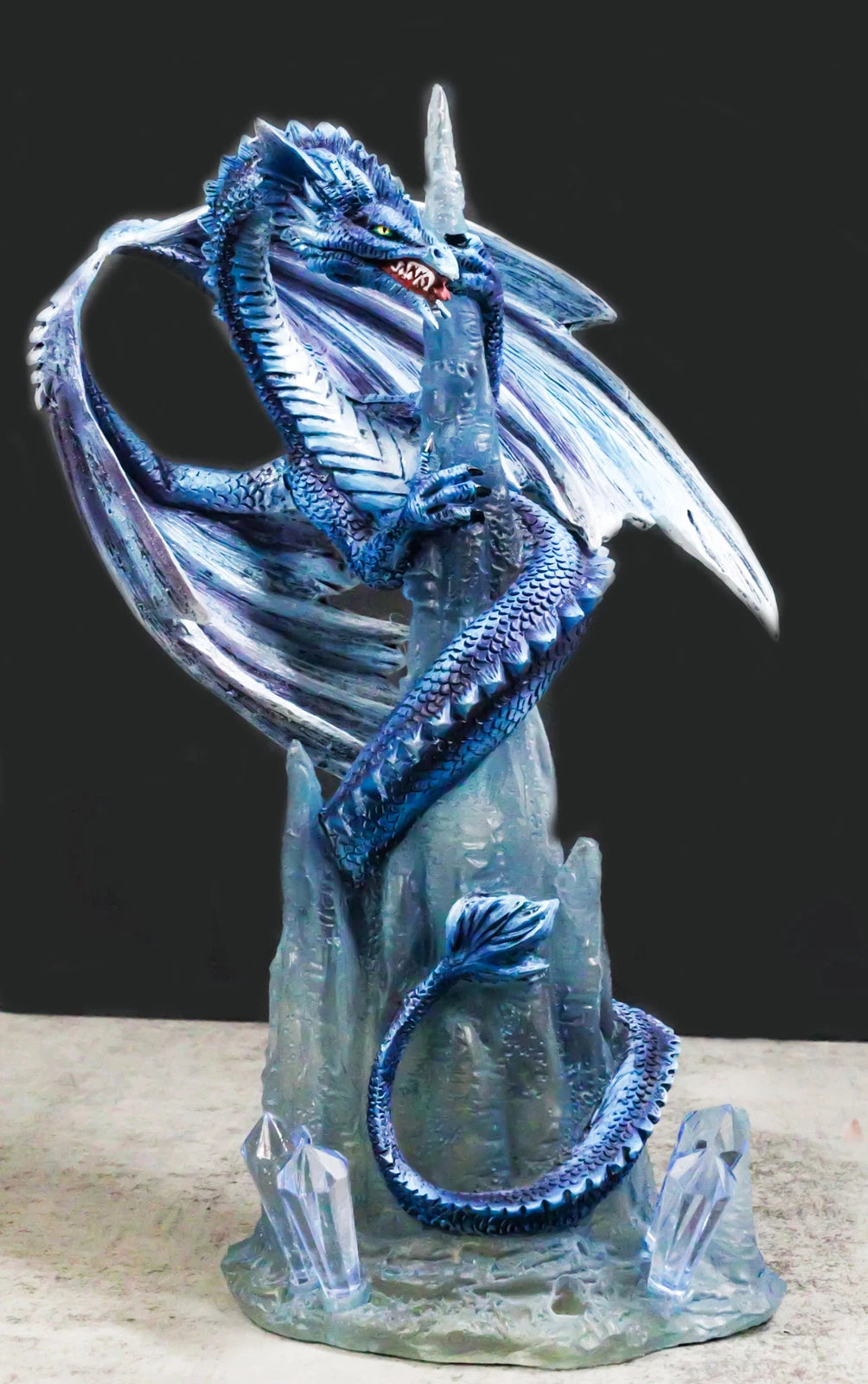 Frozen Stalactite Blue Dragon Serpent On Spiky Ice Mountain Cliff Figurine