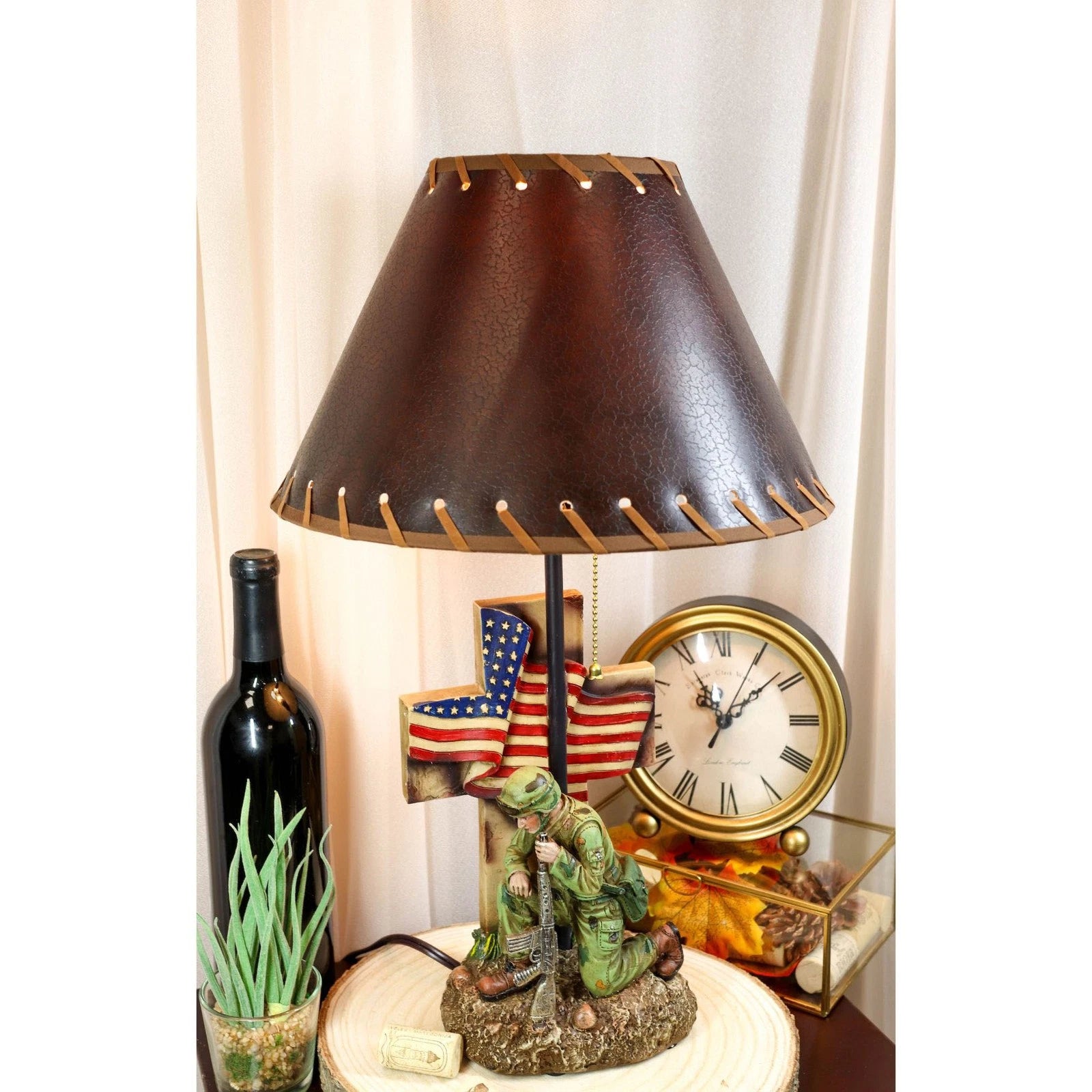 Patriotic Soldier With Rifle Kneeling By American Flag Cross Memorial Table Lamp-10