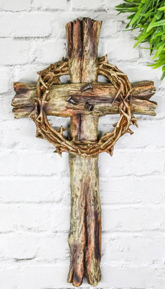 Rustic Via Dolorosa Calvary Crown of Thorns and Nails Faux Wooden Wall Cross-1