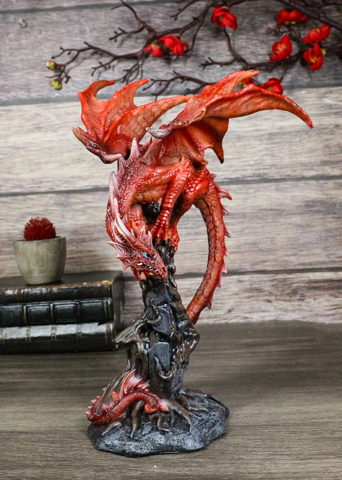 Wizard Fantasy Red Volcanic Dragon Perching On Rune Stone Tower Rock Figurine-2