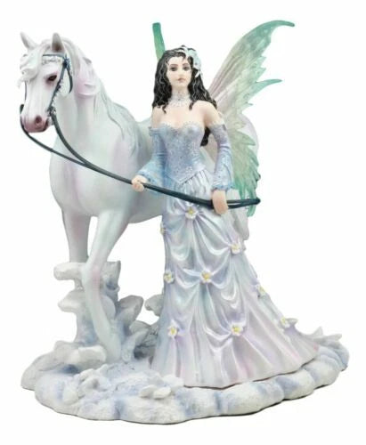 Aurora Borealis Winter Fairy With Sacred White Horse Statue 10"Long Nene Thomas-9