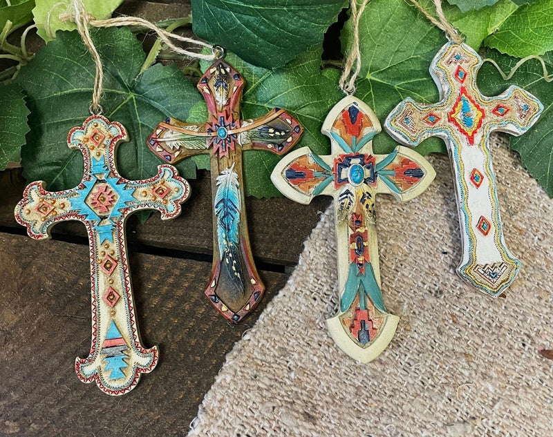 Rustic Western Native Indian Christian Crosses Set of 4 Christmas Tree Ornaments-1