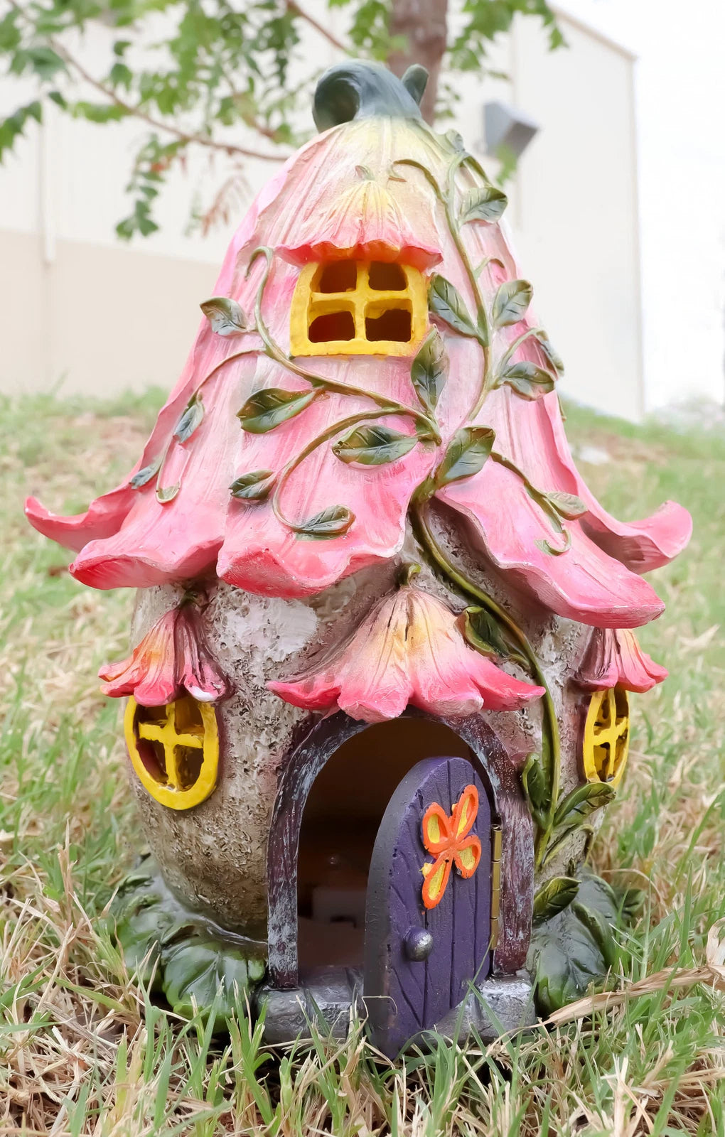 Mini Enchanted Fairy Garden Trumpet Lily Cottage Light Up House W/ Door Figurine