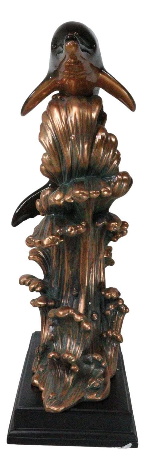 Large 23"H Nautical Marine 2 Bottlenose Dolphins Leaping Over Ocean Waves Statue-11