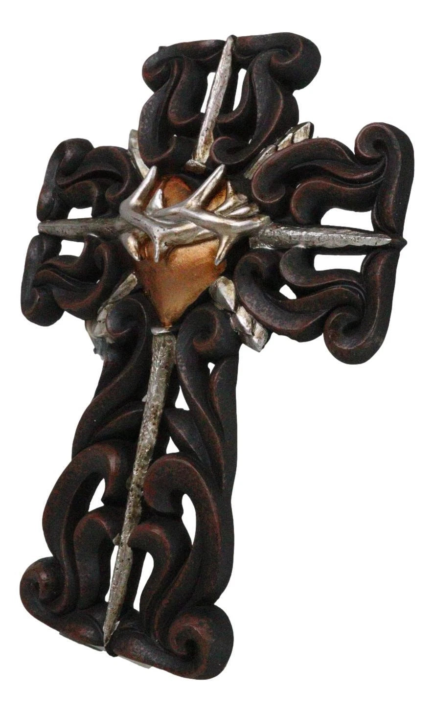 Rustic Sacred Heart Crown of Thorns And Spike Nails Faux Wooden Wall Cross Decor-9