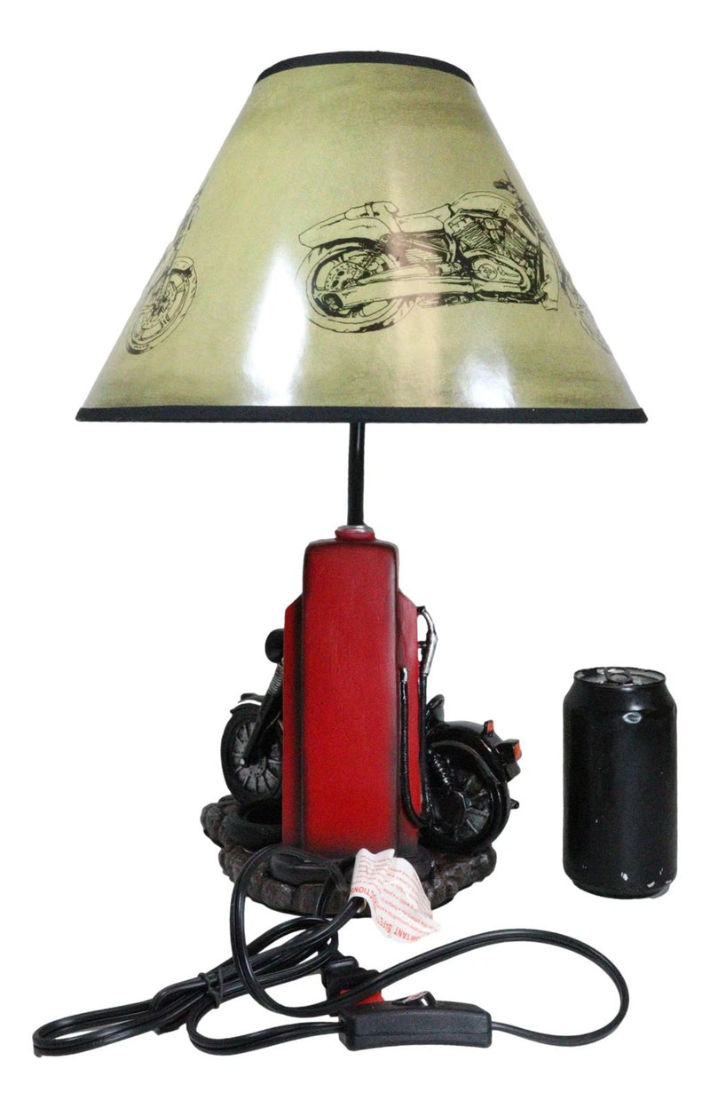 Lámpara de mesa de escritorio con pantalla, estilo retro, con surtidor de gasolina y motocicleta-9