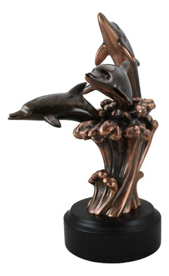 Bronze Electroplated Three Bottlenose Dolphins Riding Over Ocean Waves Statue-10