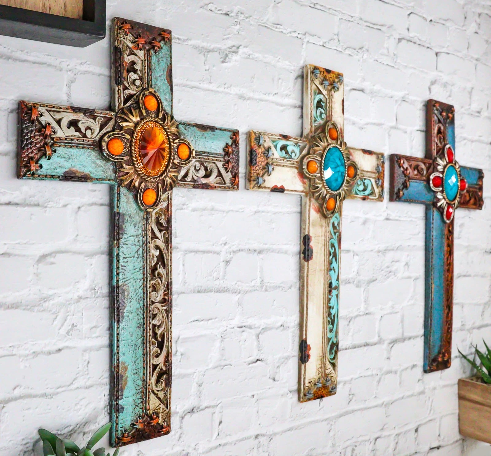 Pack Of 3 Rustic Western Tuscany Scrollwork Turquoise Amber Gems Wall Crosses-12