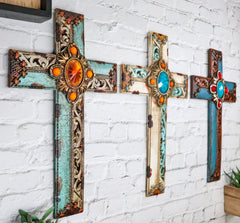 Pack Of 3 Rustic Western Tuscany Scrollwork Turquoise Amber Gems Wall Crosses-12