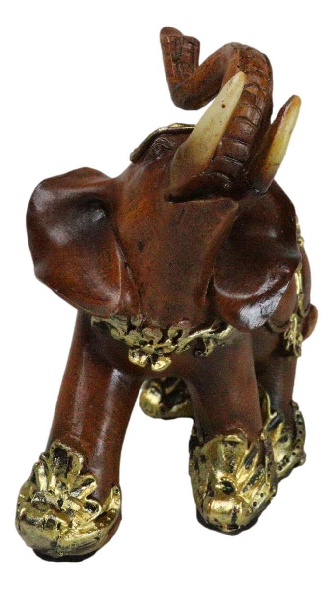 Feng Shui Faux Wood Left Facing Trunk Up Elephant With Golden Tapestry Figurine-9