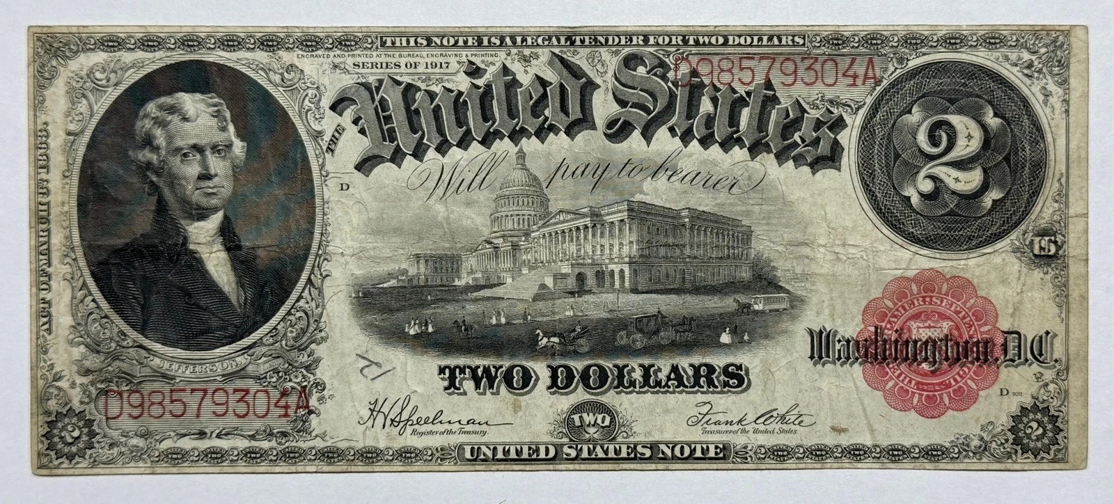 1917 $2 Bill United States Note Legal Tender Large Size 304A-UJLM-1