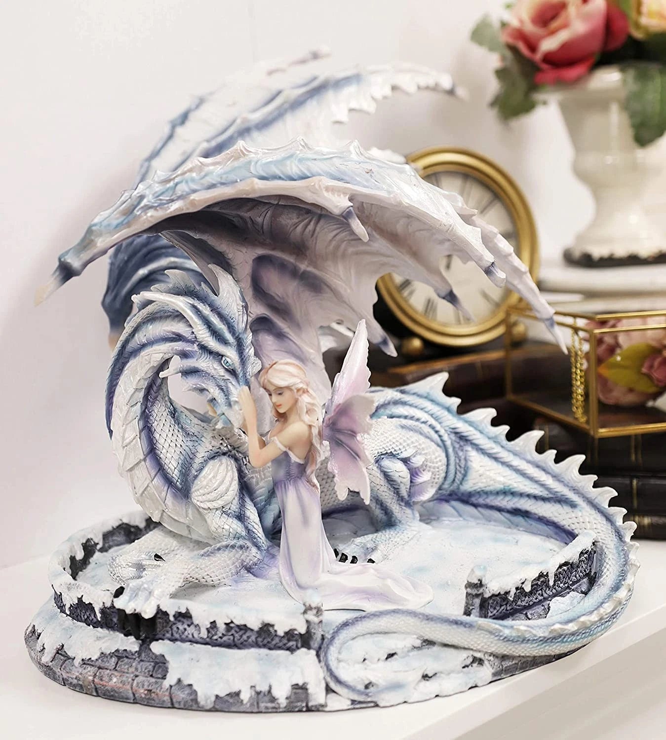 Large 15" Long Winter Blizzard Fairy with Giant White Dragon Statue-11