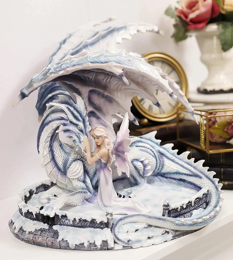 Large 15" Long Winter Blizzard Fairy with Giant White Dragon Statue-11