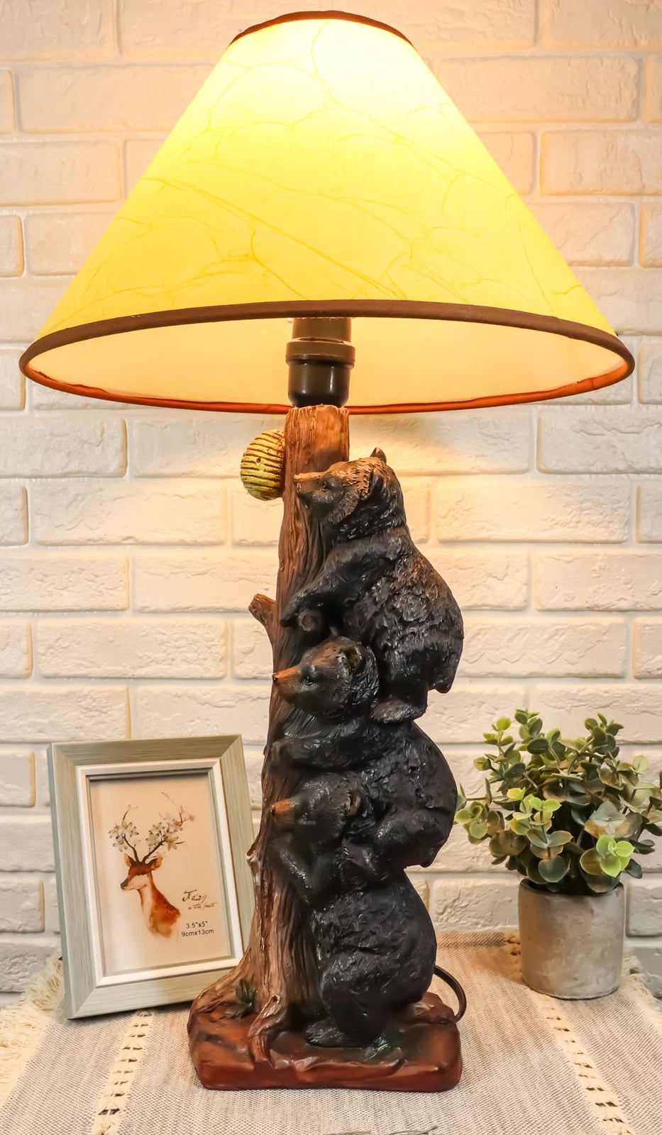 Rustic Climbing 3 Stacked Black Bear Cubs Getting Honey Table Lamp W/Shade-1