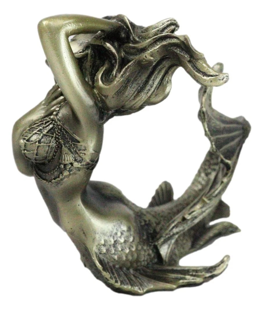 Nautical Aged Bronze Resin Seductive Mermaid Siren With Fishnets Figurine 7"L-9