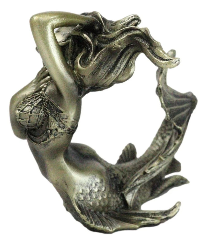 Nautical Aged Bronze Resin Seductive Mermaid Siren With Fishnets Figurine 7"L-9