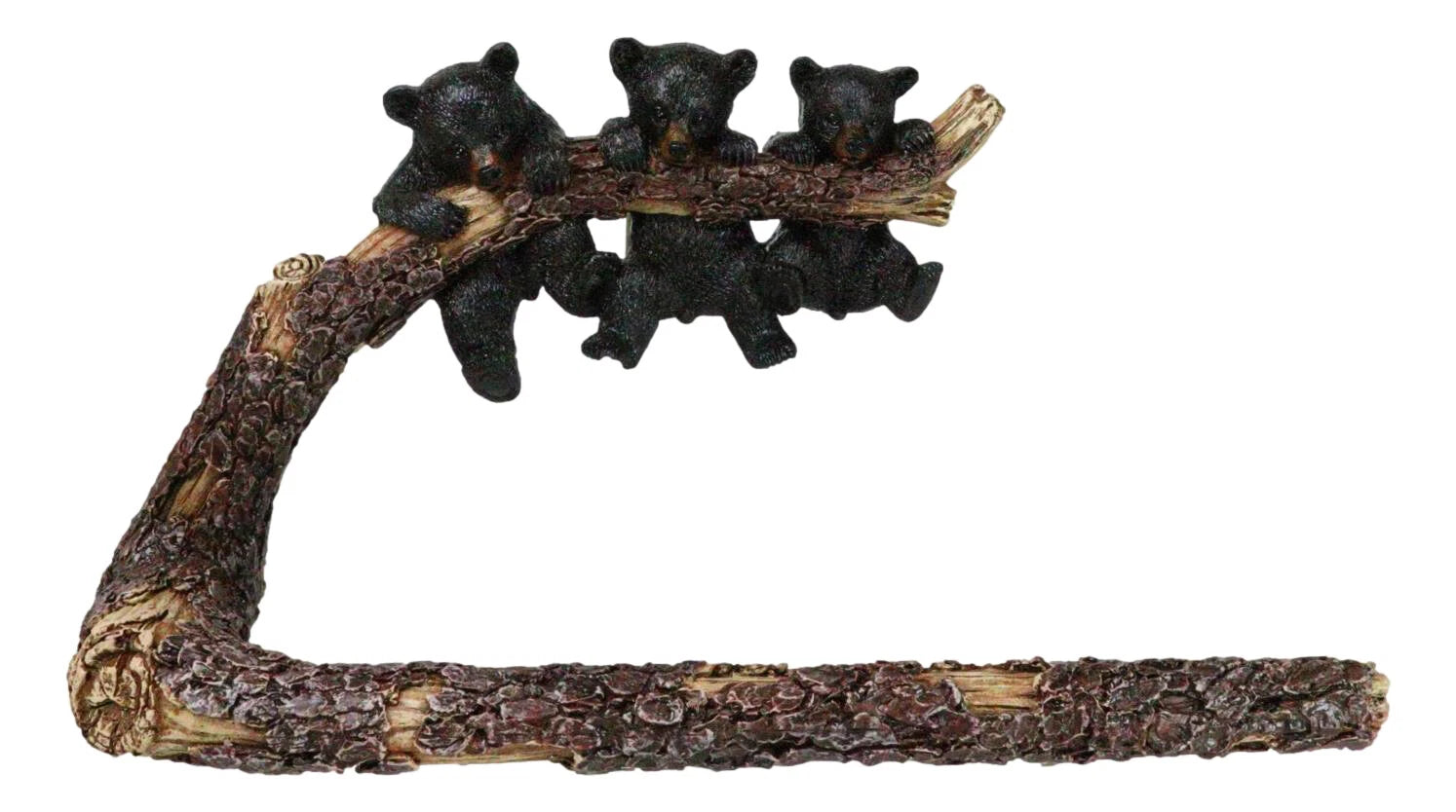 Toallero rústico con cachorros de oso negro occidental colgados en una rama de árbol