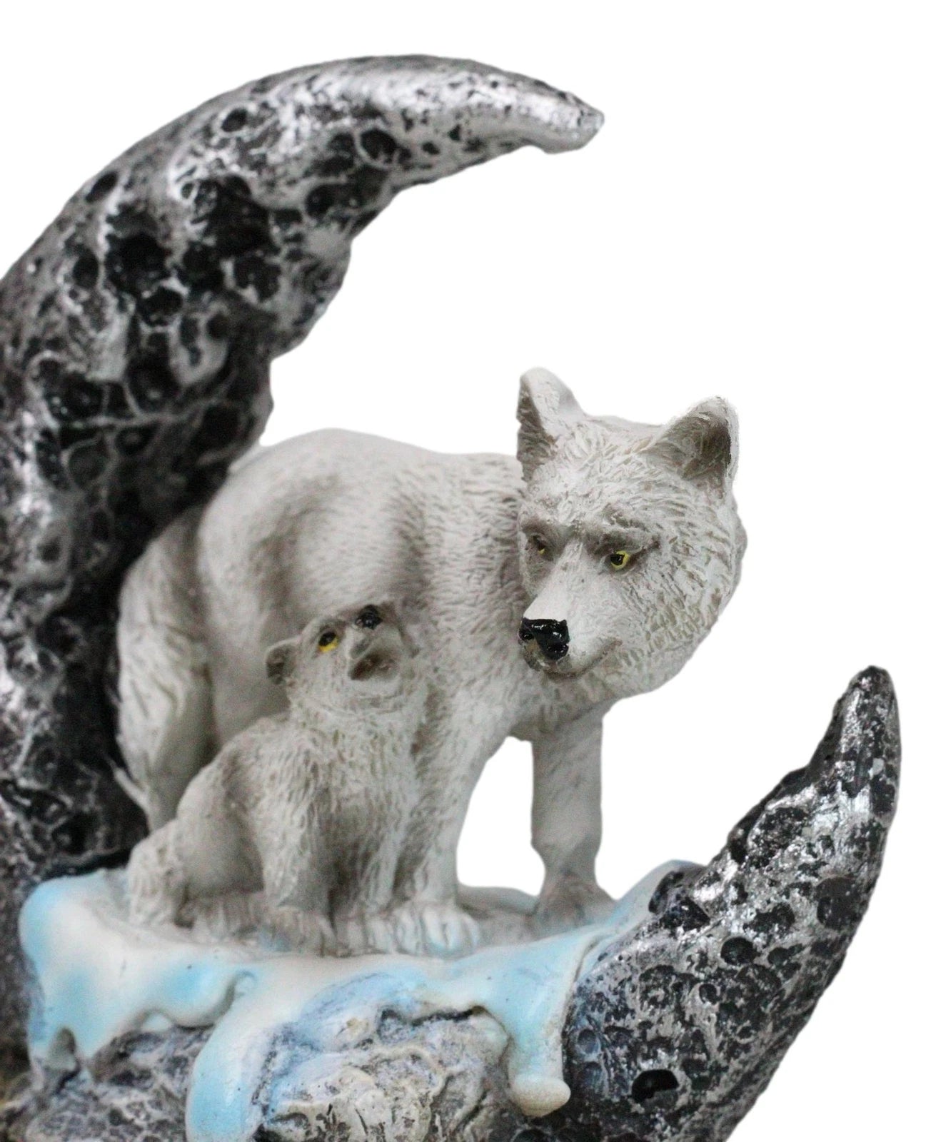 Winter Snow White Wolf With Pup Cub By Snowy Crater Crescent Moon Figurine-9