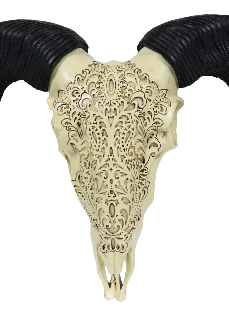 Tribal Floral Vines Tooled Filigree Corsican Ram Cow Skull Wall Decor Plaque-8