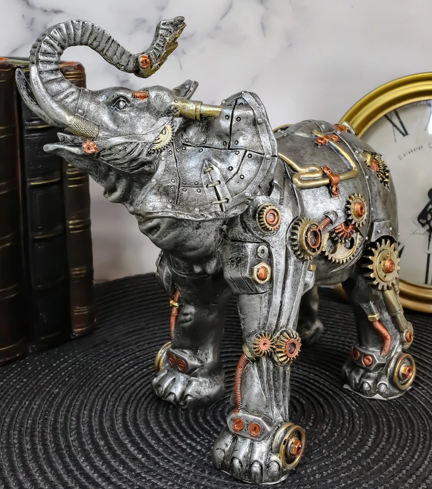 Steampunk Pressure Valve Geared Cyborg Elephant with Trunk Up Figurine-2
